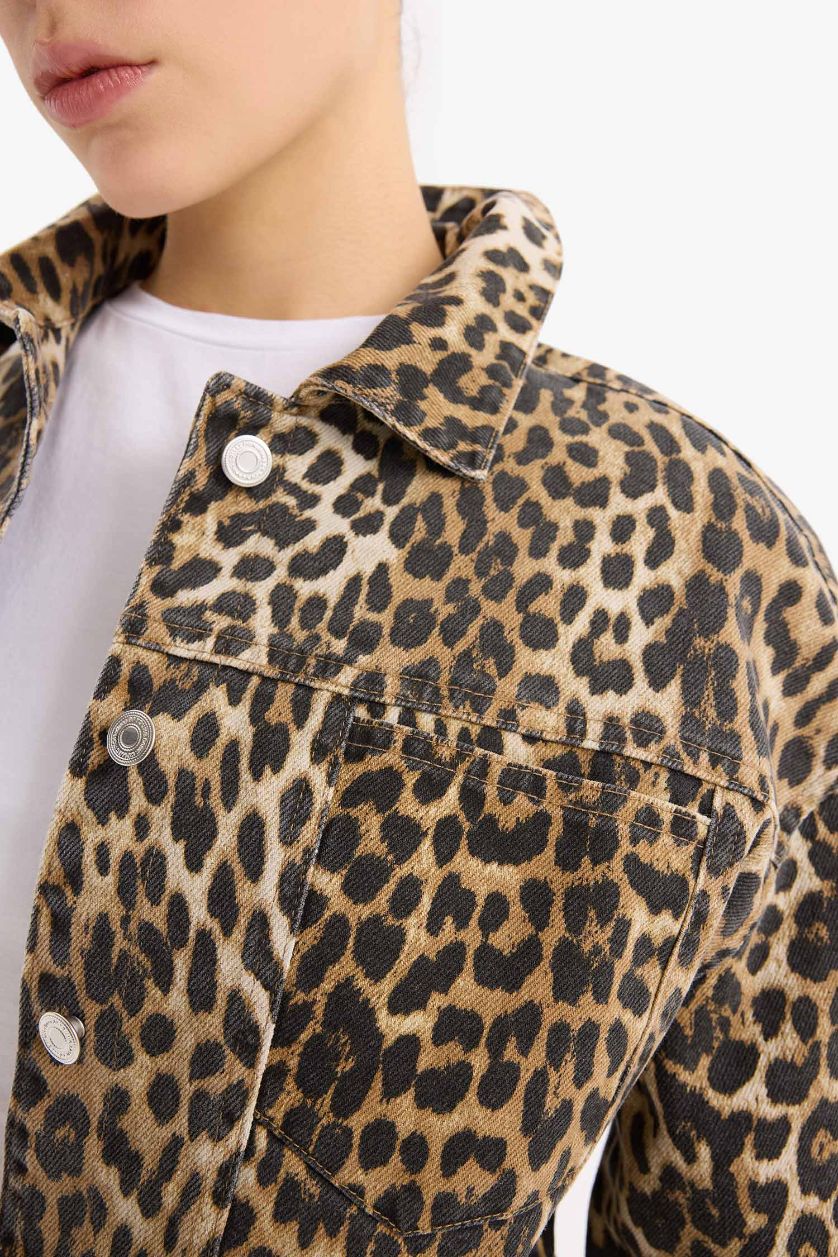 Kadın Kahve Oversize Geniş Kalıp Leopar Desenli Gabardin Uzun Kollu Gömlek Ceket