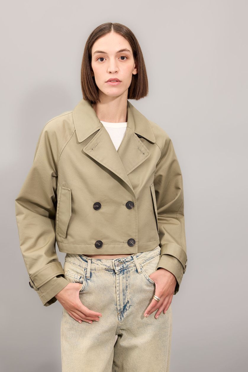 Woman Light Khaki Regular Fit Cotton Short Trench Coat