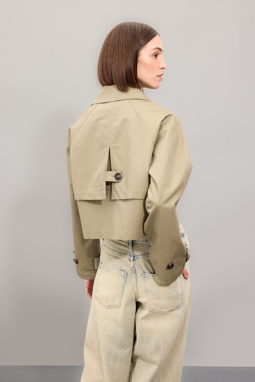 Woman Light Khaki Regular Fit Cotton Short Trench Coat