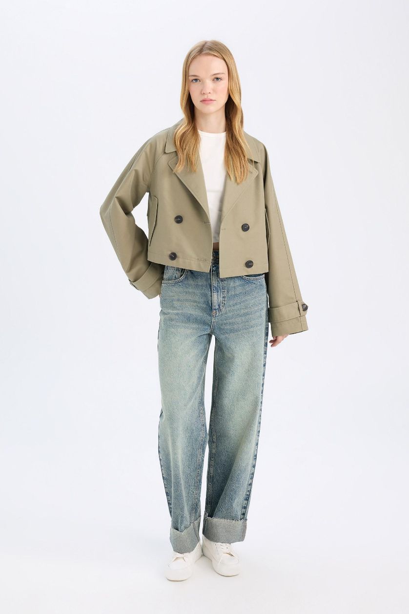 Woman Light Khaki Regular Fit Cotton Short Trench Coat