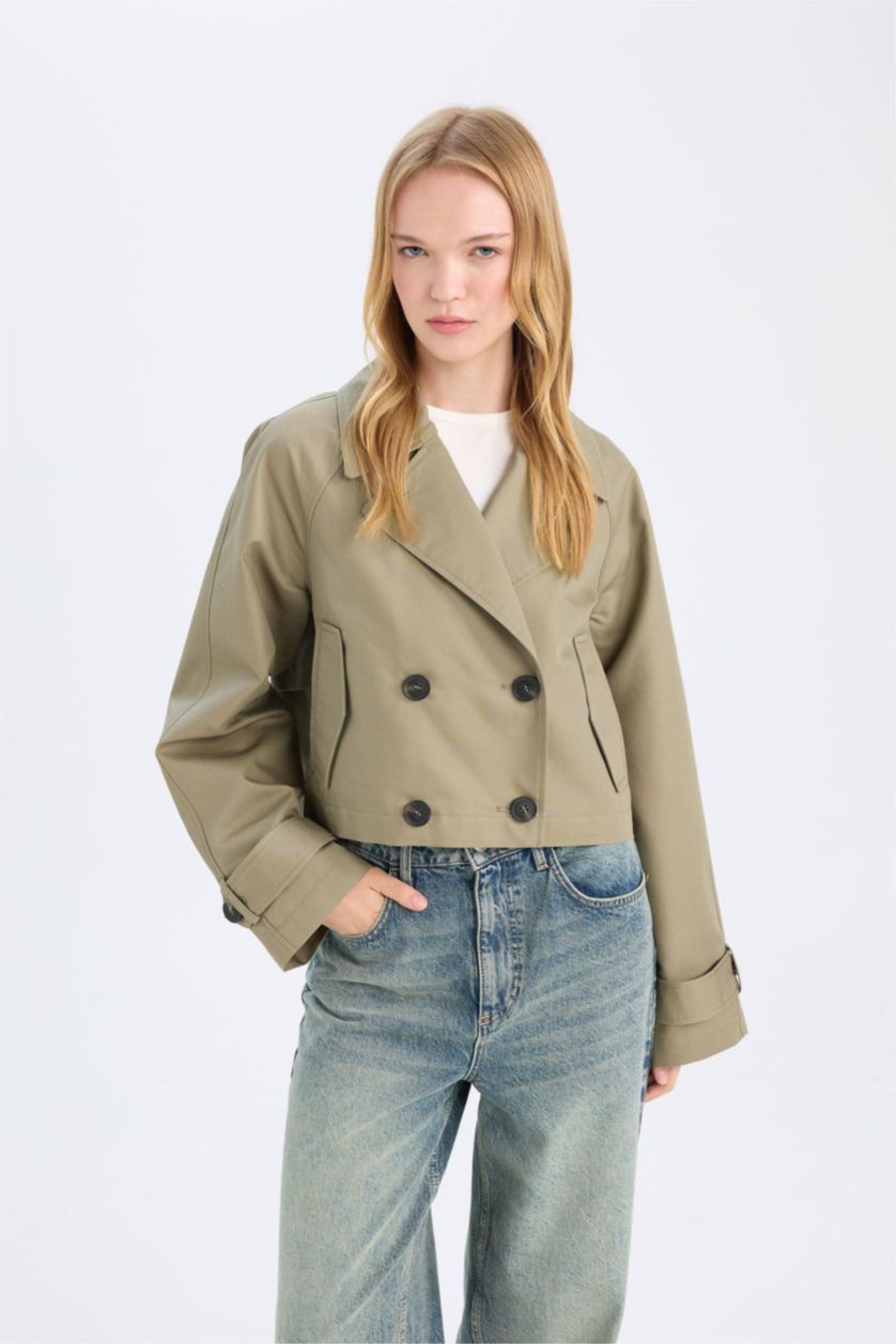 Woman Light Khaki Regular Fit Cotton Short Trench Coat