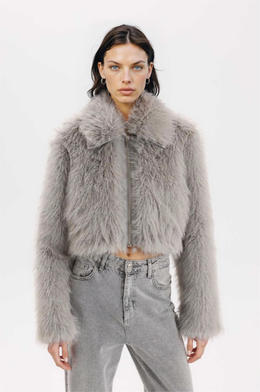 Kadın Gri Regular Fit Cepli Fermuarlı Kısa Suni Kürk Ceket Mont