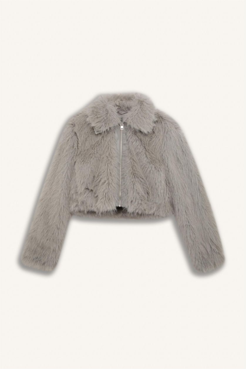 Kadın Gri Regular Fit Cepli Fermuarlı Kısa Suni Kürk Ceket Mont