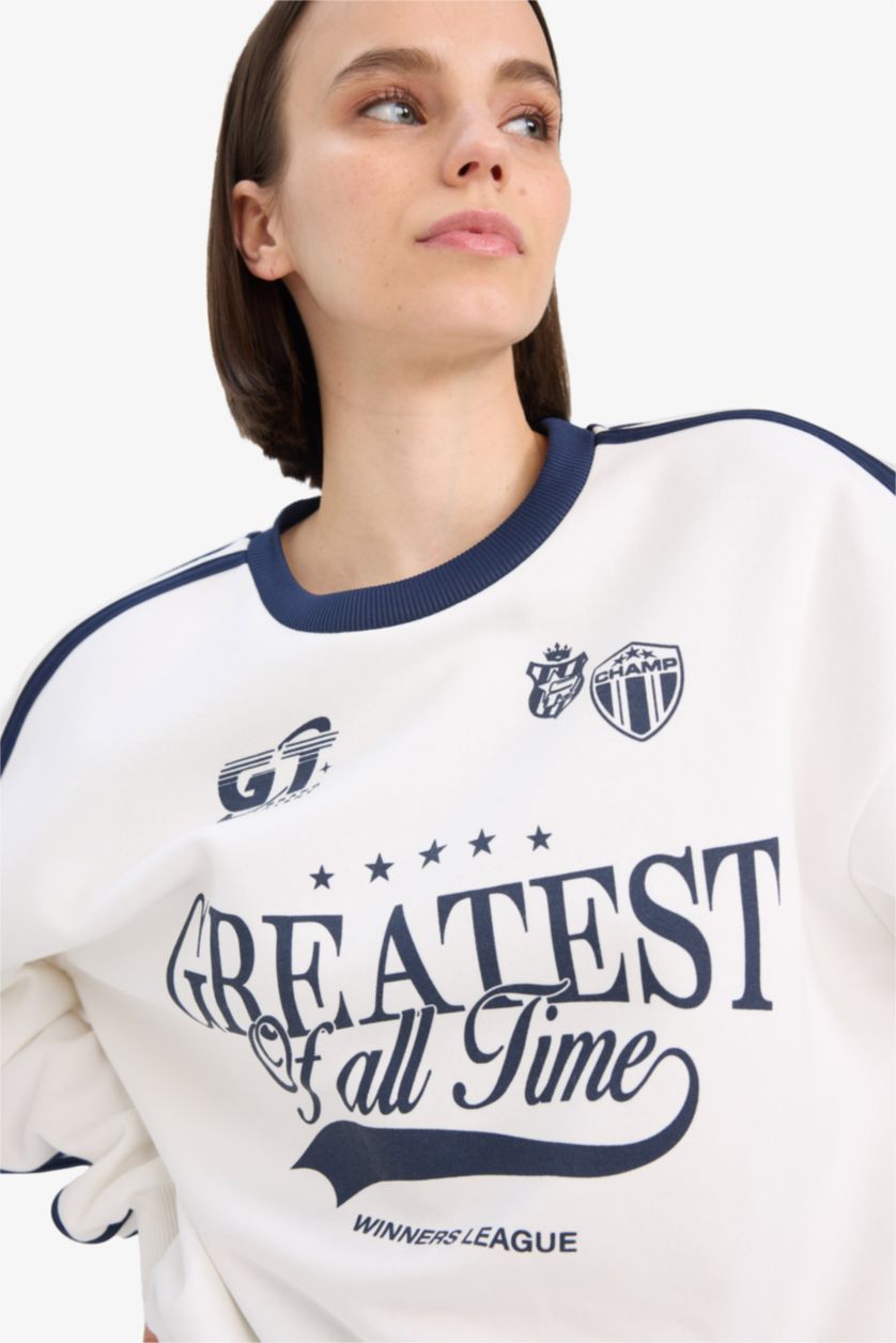 Kadın Kırık Beyaz Oversize Geniş Kalıp Bisiklet Yaka Baskılı Kalın Sweatshirt