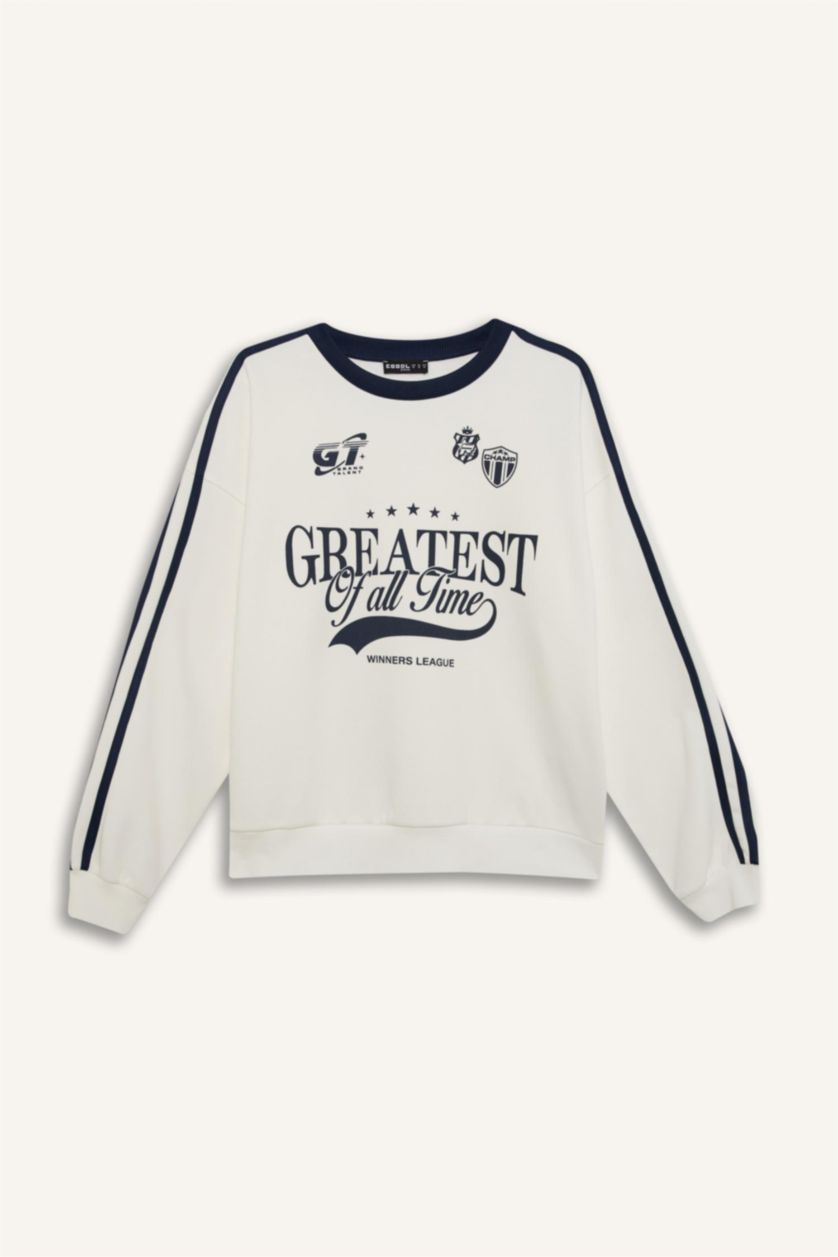 Kadın Kırık Beyaz Oversize Geniş Kalıp Bisiklet Yaka Baskılı Kalın Sweatshirt