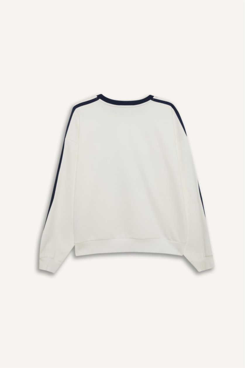 Kadın Kırık Beyaz Oversize Geniş Kalıp Bisiklet Yaka Baskılı Kalın Sweatshirt