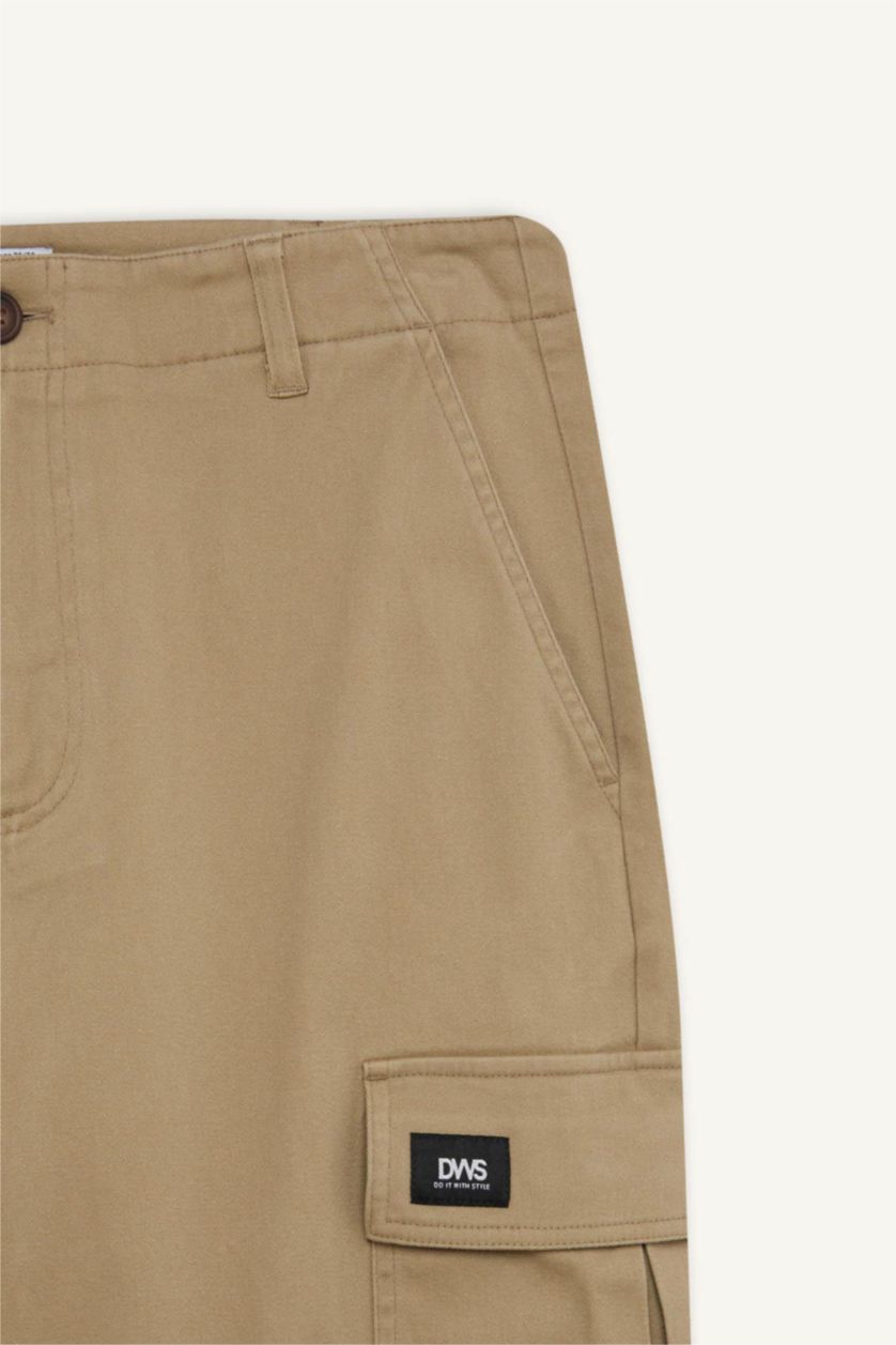 Erkek Bej Relax Fit Rahat Kesim Yazlık Pantolon Kargo Cepli Düz Paça