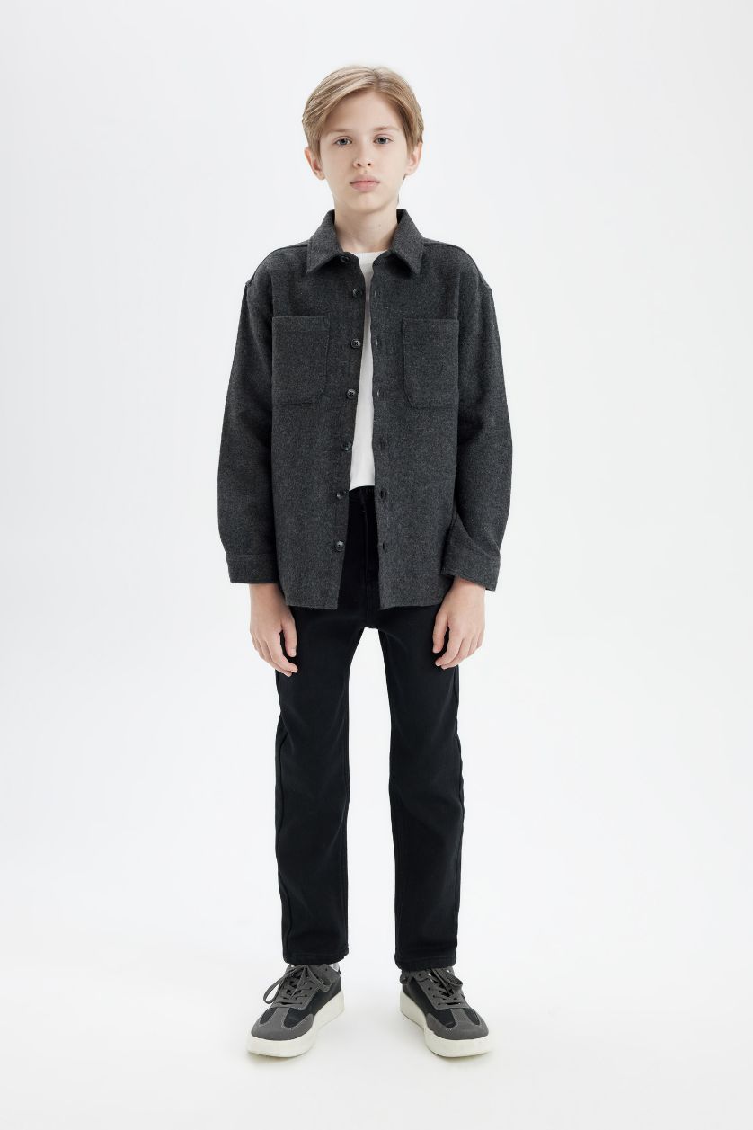 BOYS & TEENS Anthracite Boy Oversize Fit Pattern Polo Collar Shirt