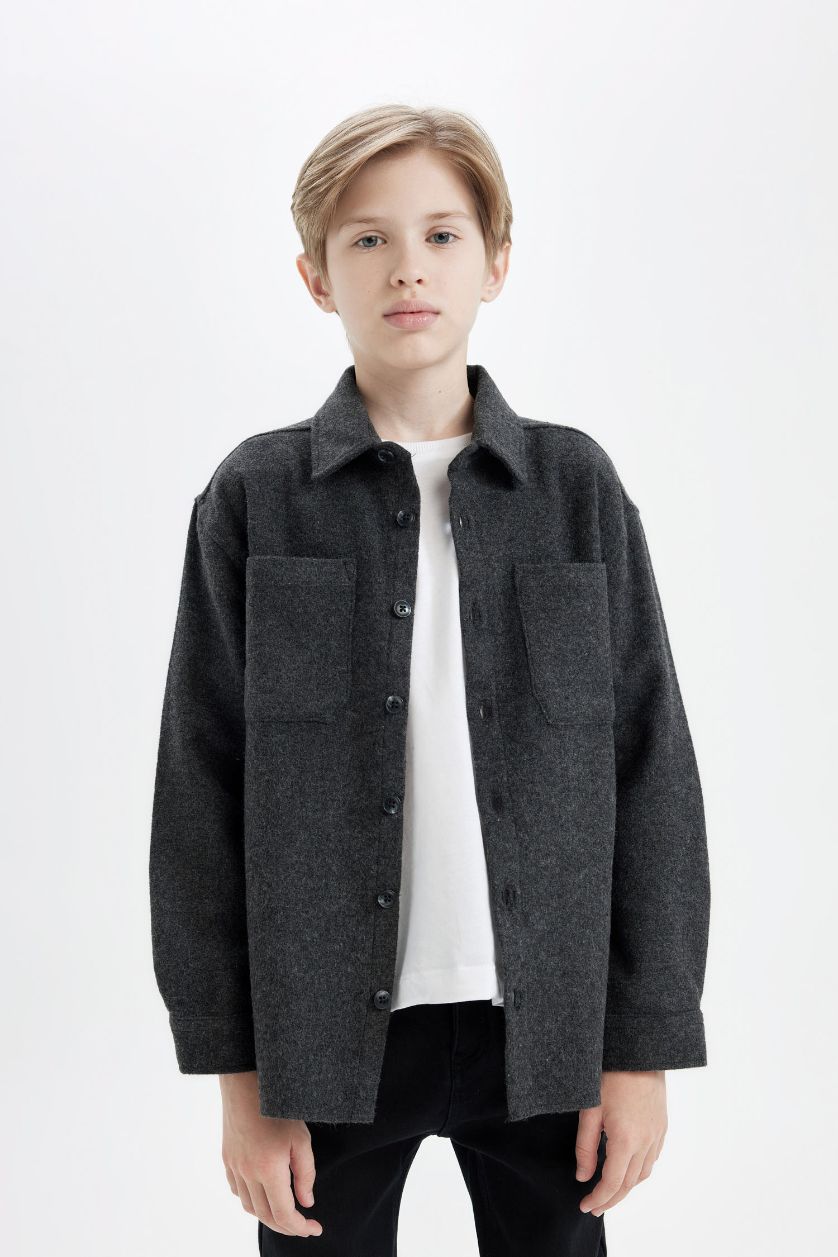 BOYS & TEENS Anthracite Boy Oversize Fit Pattern Polo Collar Shirt