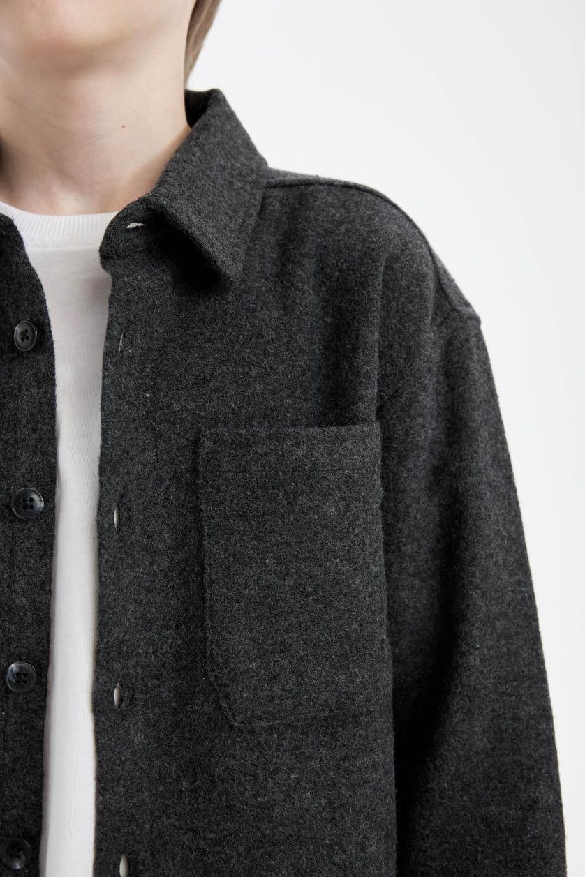 BOYS & TEENS Anthracite Boy Oversize Fit Pattern Polo Collar Shirt