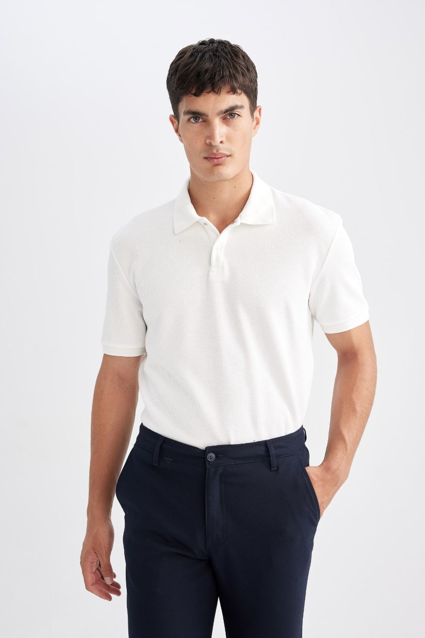 Erkek Kırık Beyaz New Regular Fit Polo Yaka Basic Düz Kısa Kollu Tişört