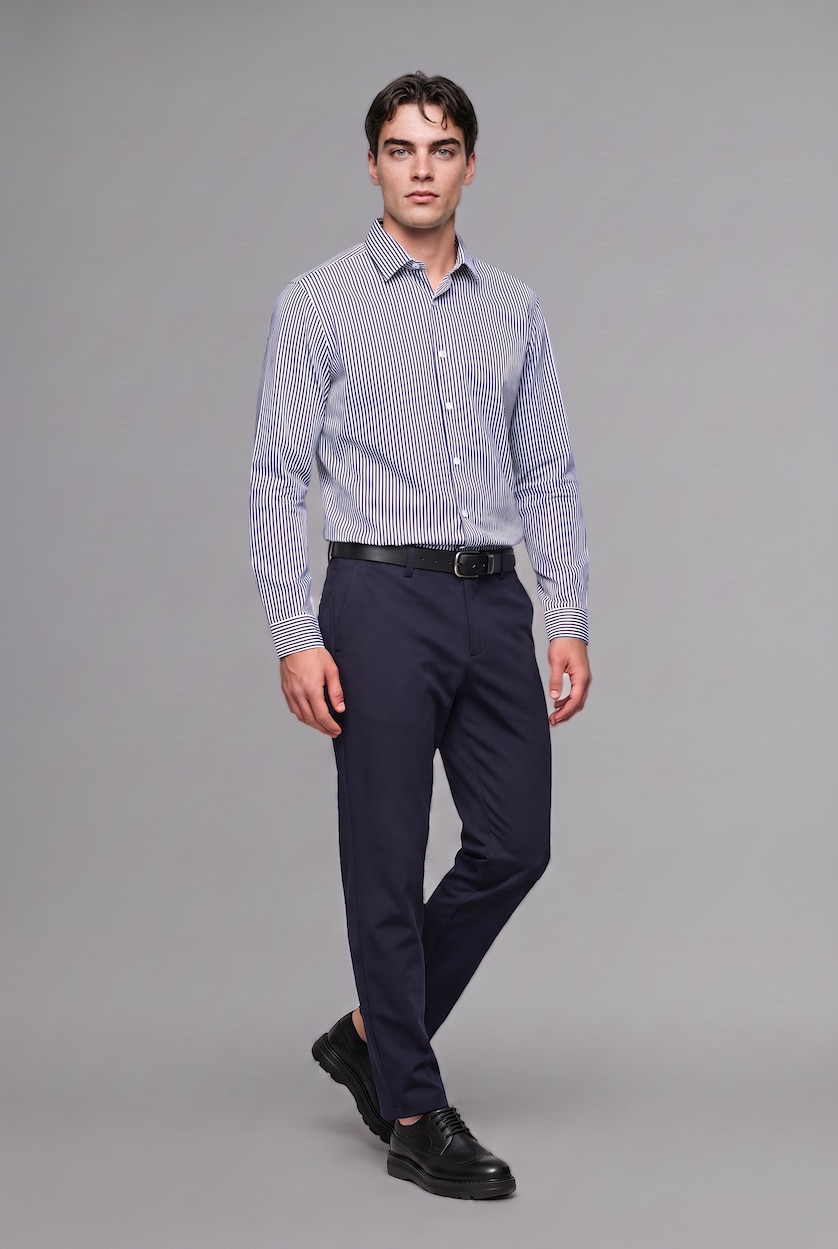 MAN White Modern Fit Striped Polo Collar Crinkle-Textured Long Sleeve Shirt