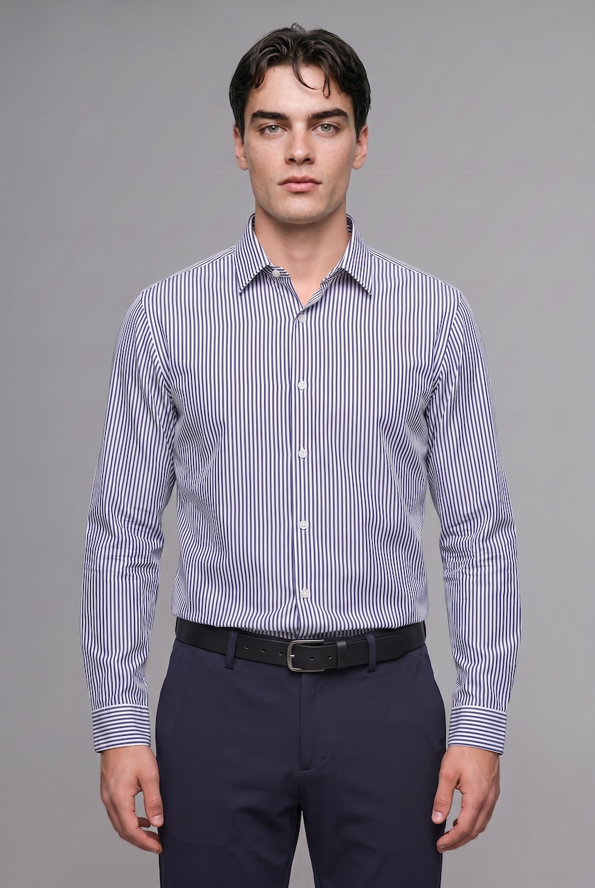 MAN White Modern Fit Striped Polo Collar Crinkle-Textured Long Sleeve Shirt