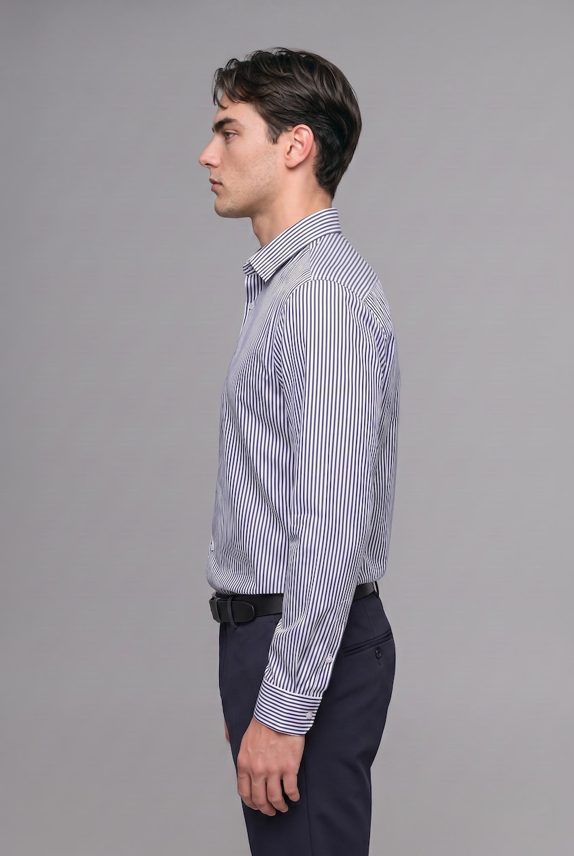 MAN White Modern Fit Striped Polo Collar Crinkle-Textured Long Sleeve Shirt
