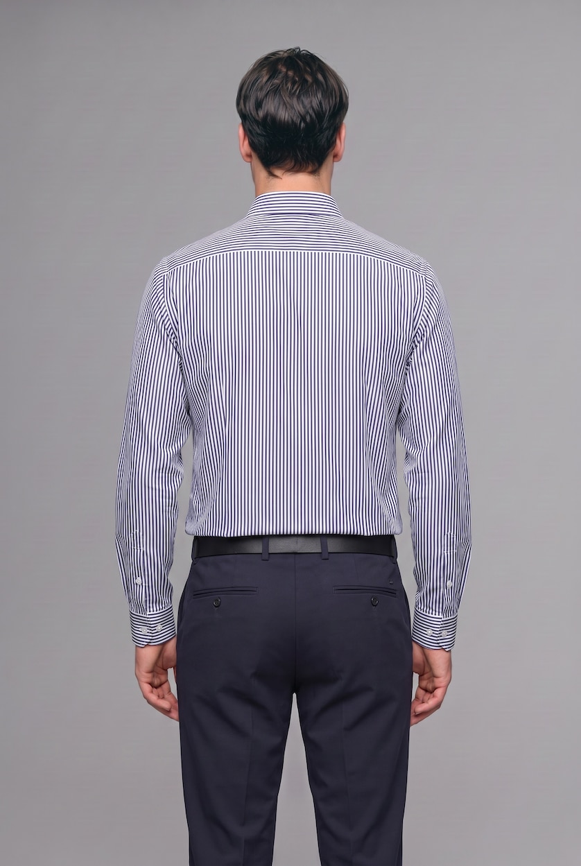 MAN White Modern Fit Striped Polo Collar Crinkle-Textured Long Sleeve Shirt