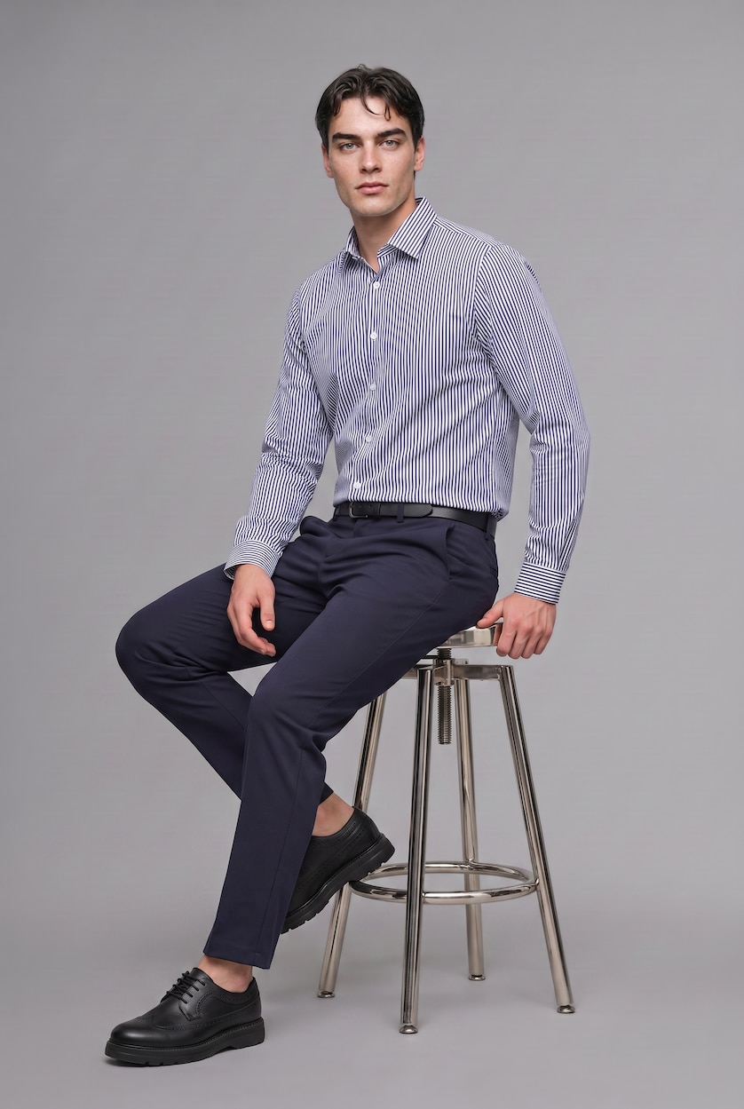 MAN White Modern Fit Striped Polo Collar Crinkle-Textured Long Sleeve Shirt