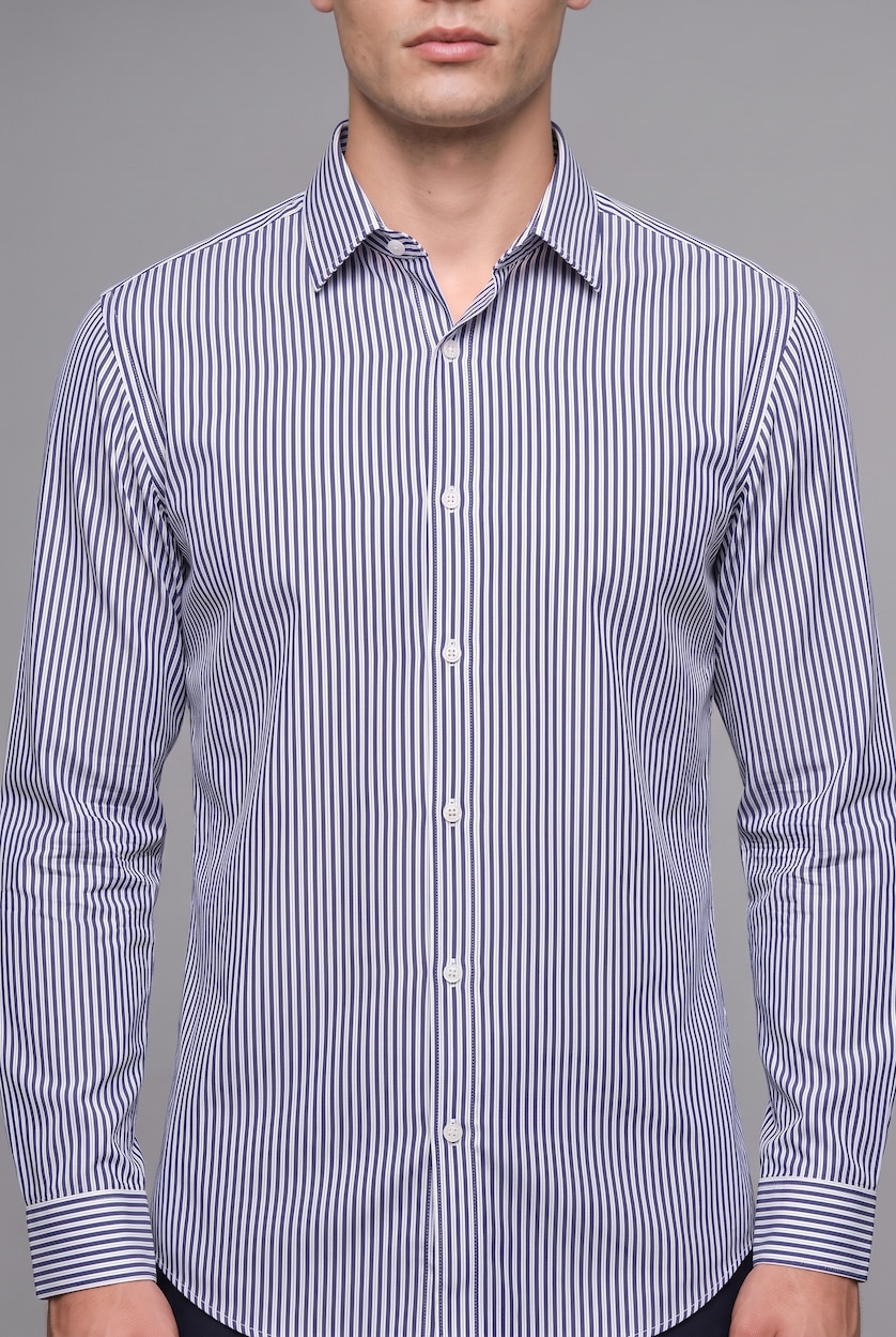 MAN White Modern Fit Striped Polo Collar Crinkle-Textured Long Sleeve Shirt