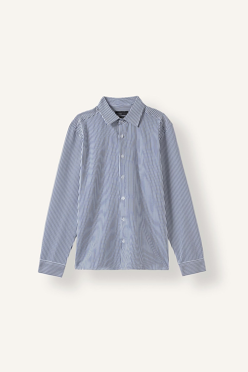 MAN White Modern Fit Striped Polo Collar Crinkle-Textured Long Sleeve Shirt