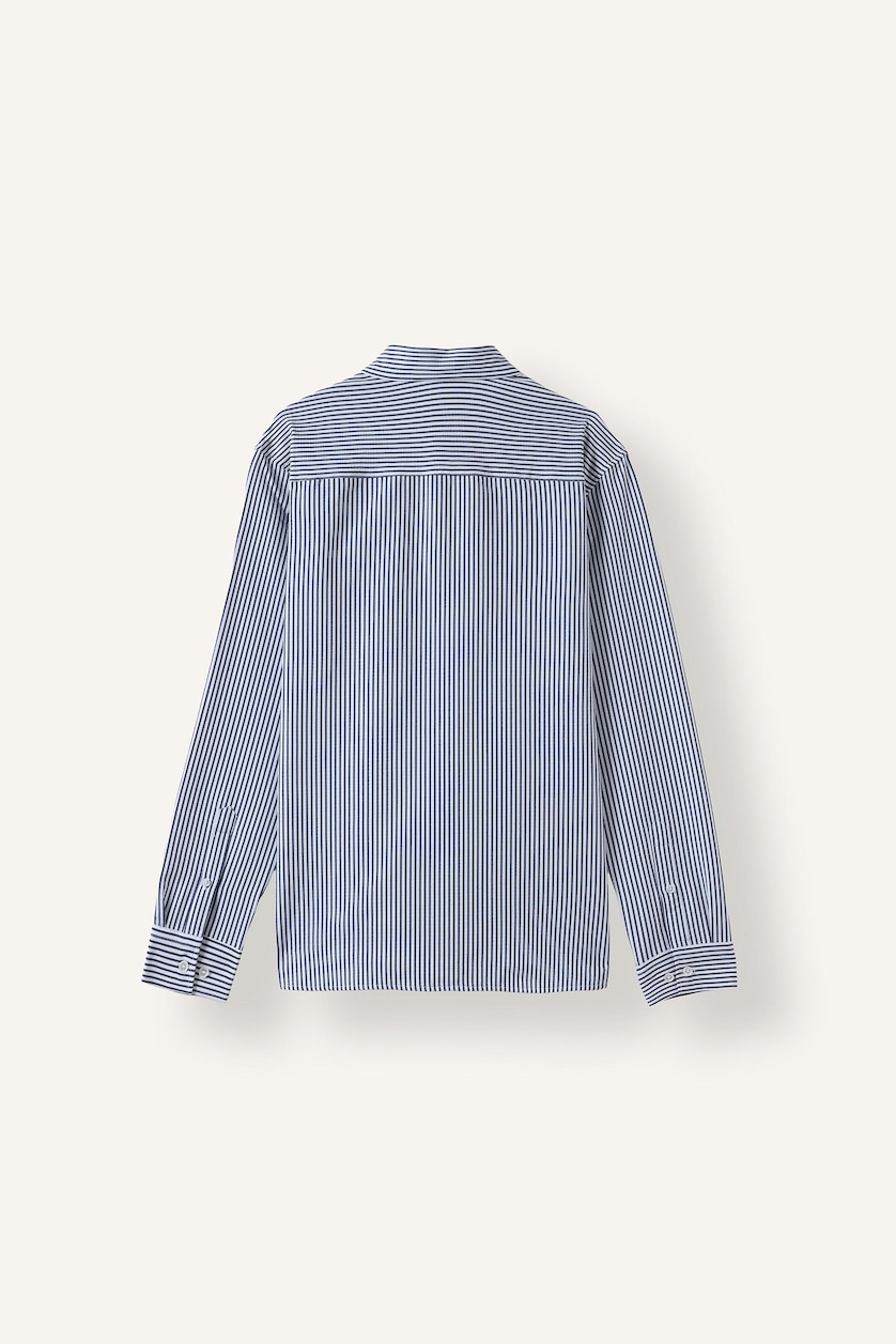 MAN White Modern Fit Striped Polo Collar Crinkle-Textured Long Sleeve Shirt