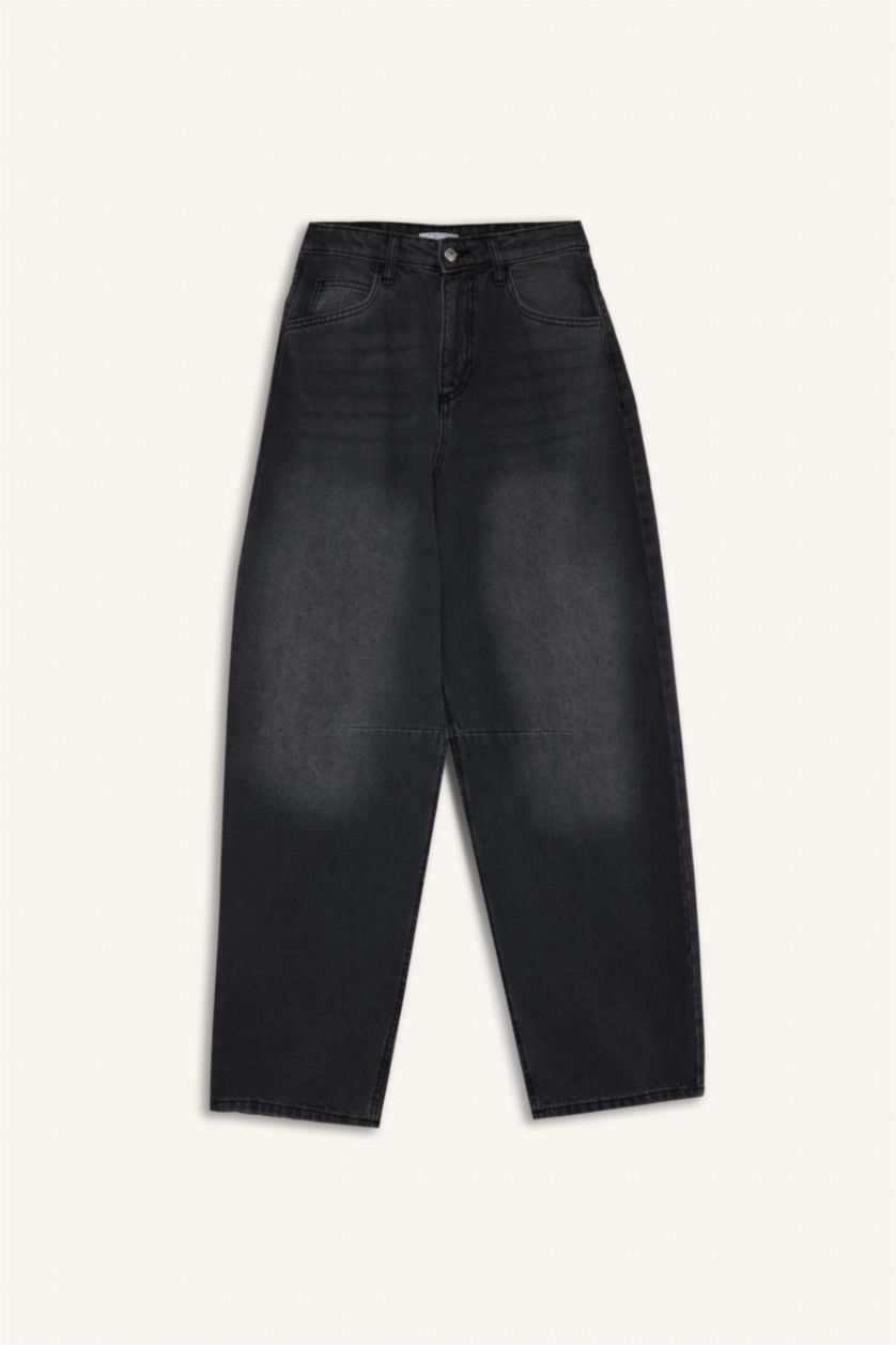 FEMME Noir Pantalon Jean Baggy taille haute long et délavé