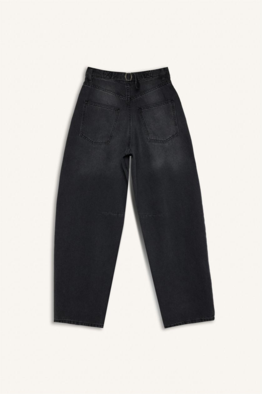 FEMME Noir Pantalon Jean Baggy taille haute long et délavé
