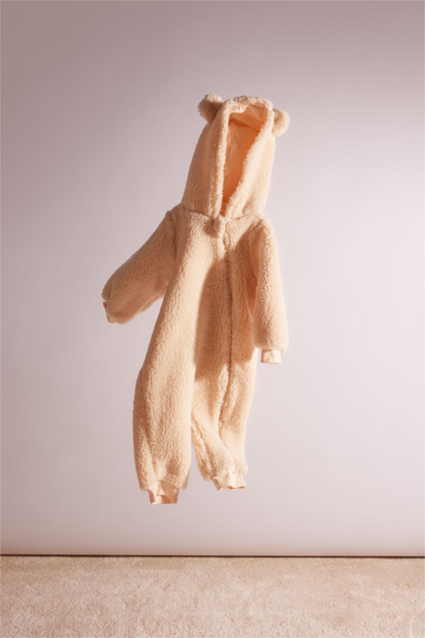 BABY GIRL Sand Girl Baby Newborn Beige Zippered Hat Plush Jumpsuit