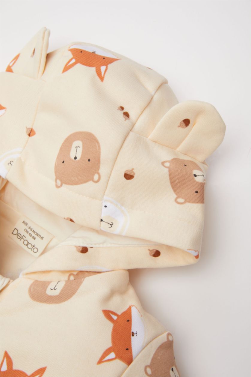 Erkek Bebek Camel Erkek Bebek 3'lü Takım Ayı Baskılı Sweatshirt Kapüşonlu Hırka Beli Lastikli Alt 