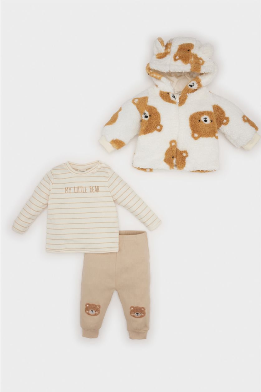 BABY GIRL Ecru Baby Boy Plush Bear Printed T-Shirt Cardigan Bottom 3 Piece Set