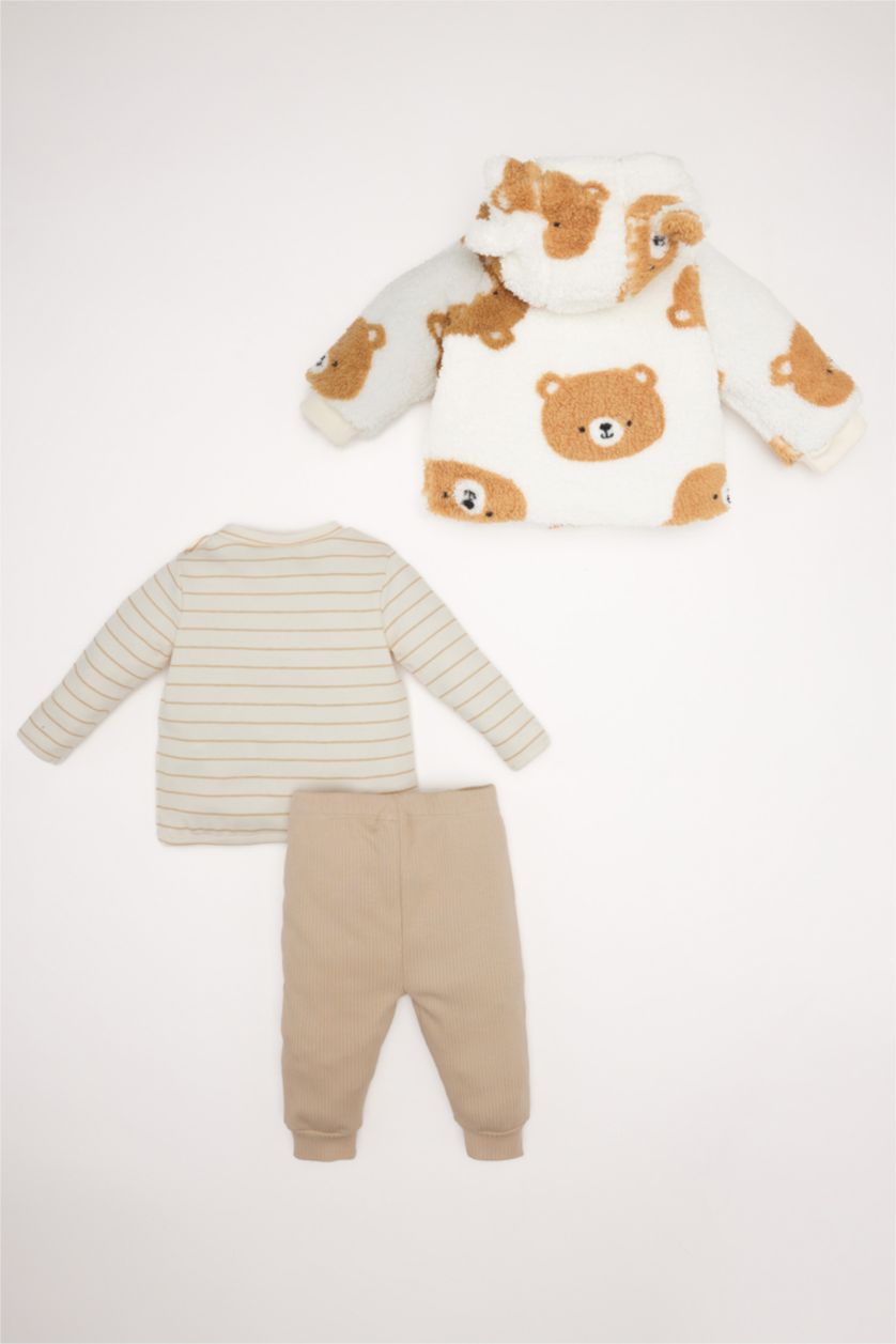 BABY GIRL Ecru Baby Boy Plush Bear Printed T-Shirt Cardigan Bottom 3 Piece Set