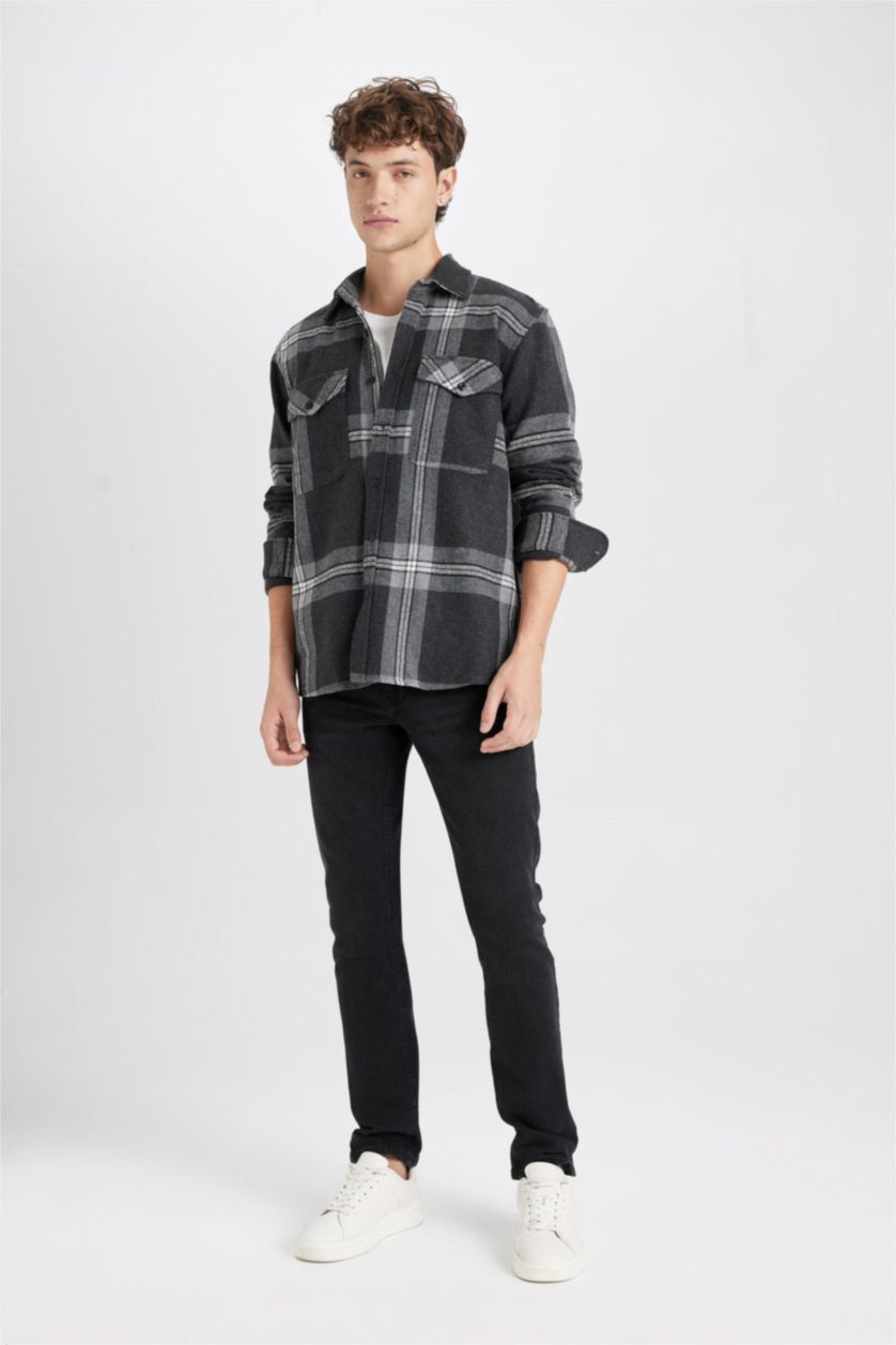 رجالي أسود قميص بولو اسود كاروهات كم طويل و قصة عادية