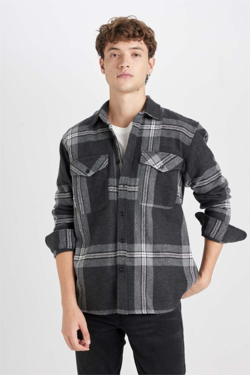 رجالي أسود قميص بولو اسود كاروهات كم طويل و قصة عادية