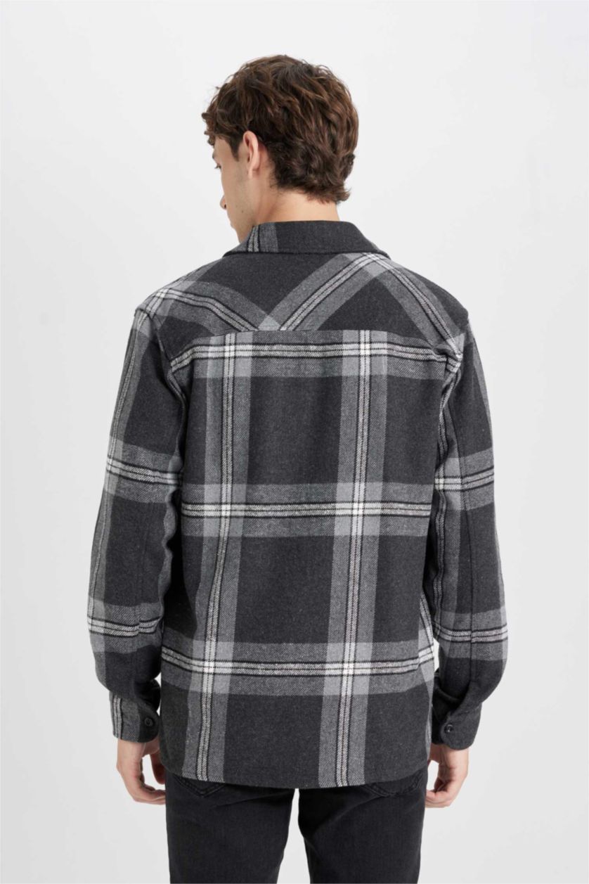 رجالي أسود قميص بولو اسود كاروهات كم طويل و قصة عادية