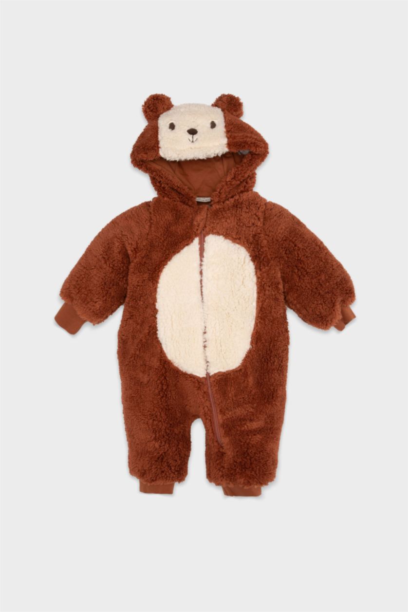 BABY GIRL Light Brown Plush Regular Fit Crew Neck Jumpsuit