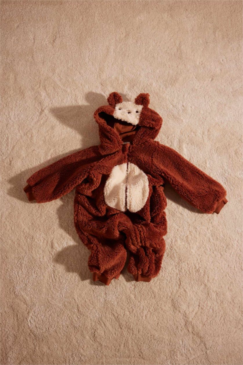 BABY GIRL Light Brown Plush Regular Fit Crew Neck Jumpsuit