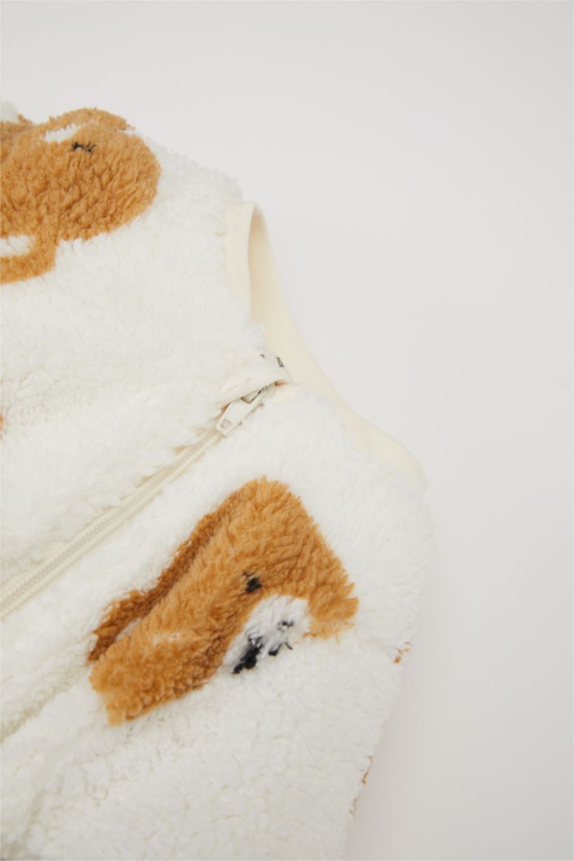 Erkek Bebek Ekru Ayı Desenli Fermuarlı Uzun Kollu Pelüş Tulum Erkek Bebek Yenidoğan