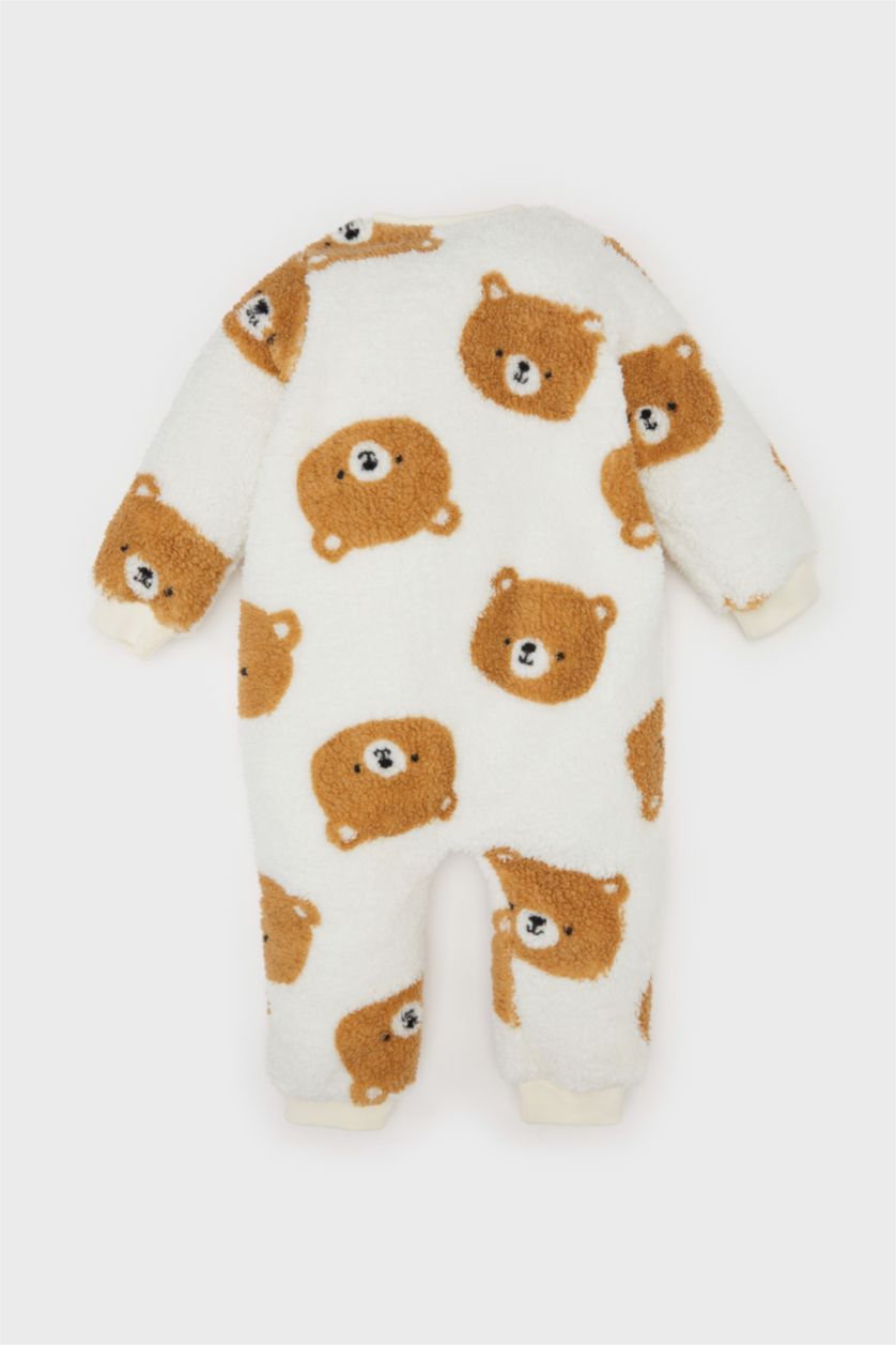 Erkek Bebek Ekru Ayı Desenli Fermuarlı Uzun Kollu Pelüş Tulum Erkek Bebek Yenidoğan