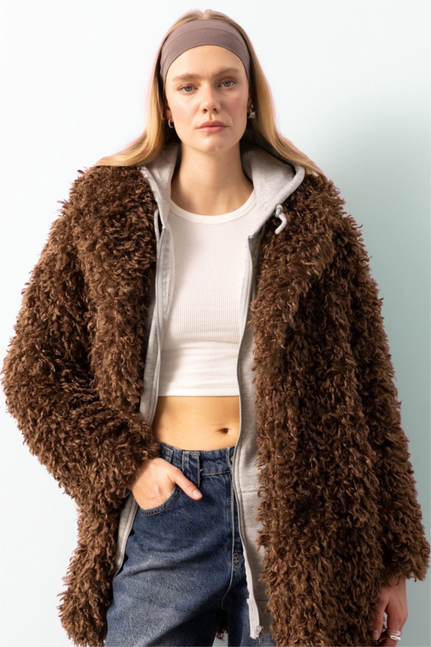 Woman Brown Regular Fit Pocketed Long Faux Fur Jacket
