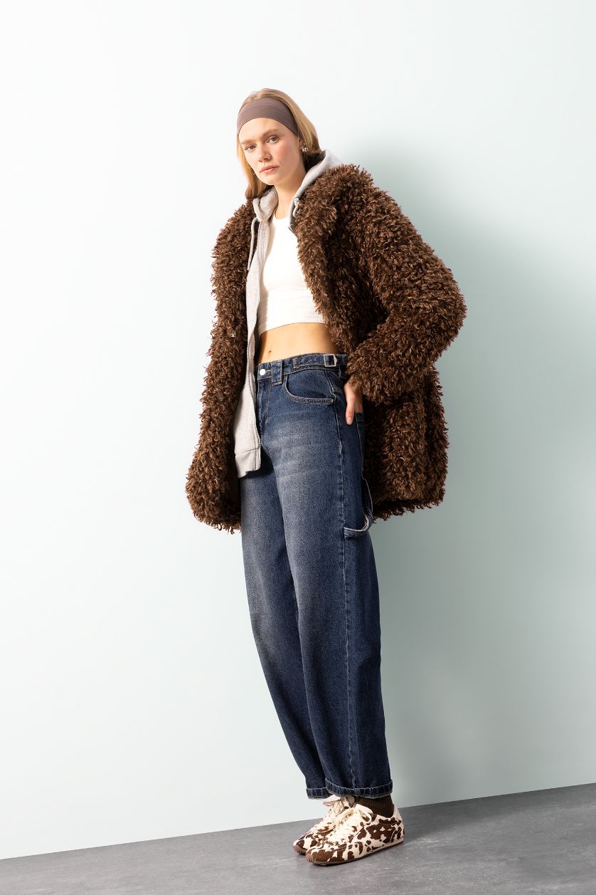 Woman Brown Regular Fit Pocketed Long Faux Fur Jacket