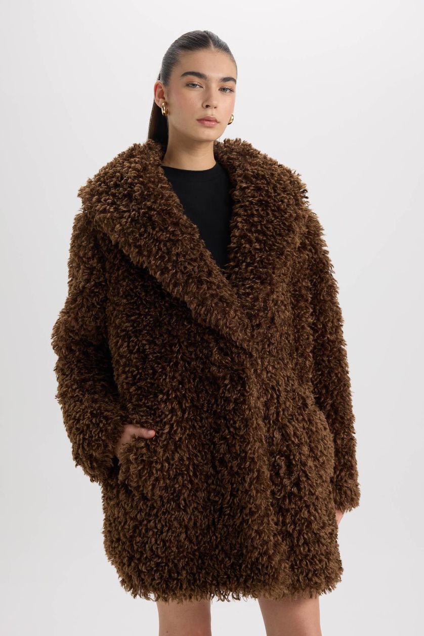 Woman Brown Regular Fit Pocketed Long Faux Fur Jacket