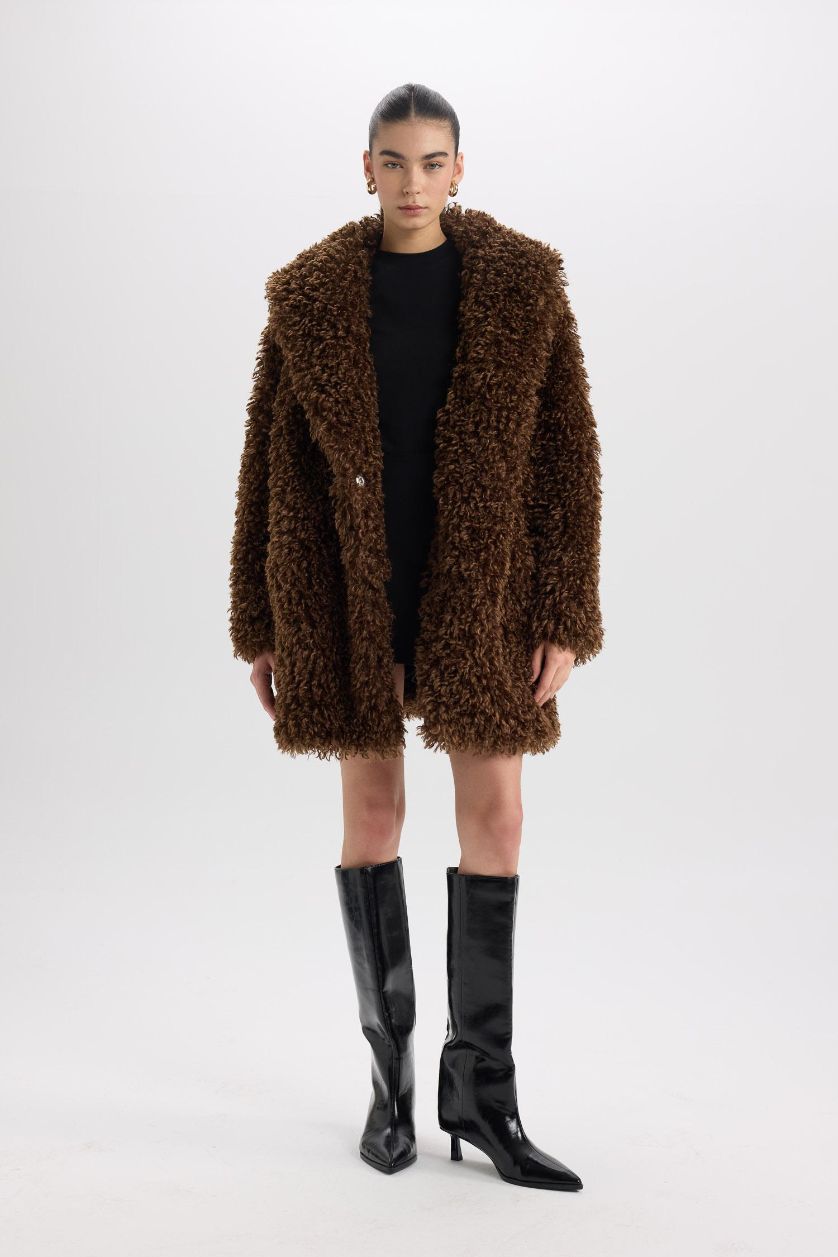 Woman Brown Regular Fit Pocketed Long Faux Fur Jacket