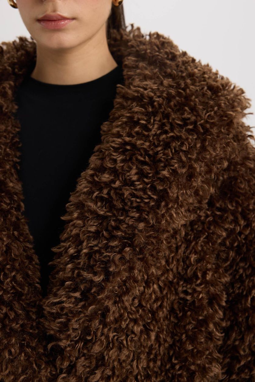 Woman Brown Regular Fit Pocketed Long Faux Fur Jacket