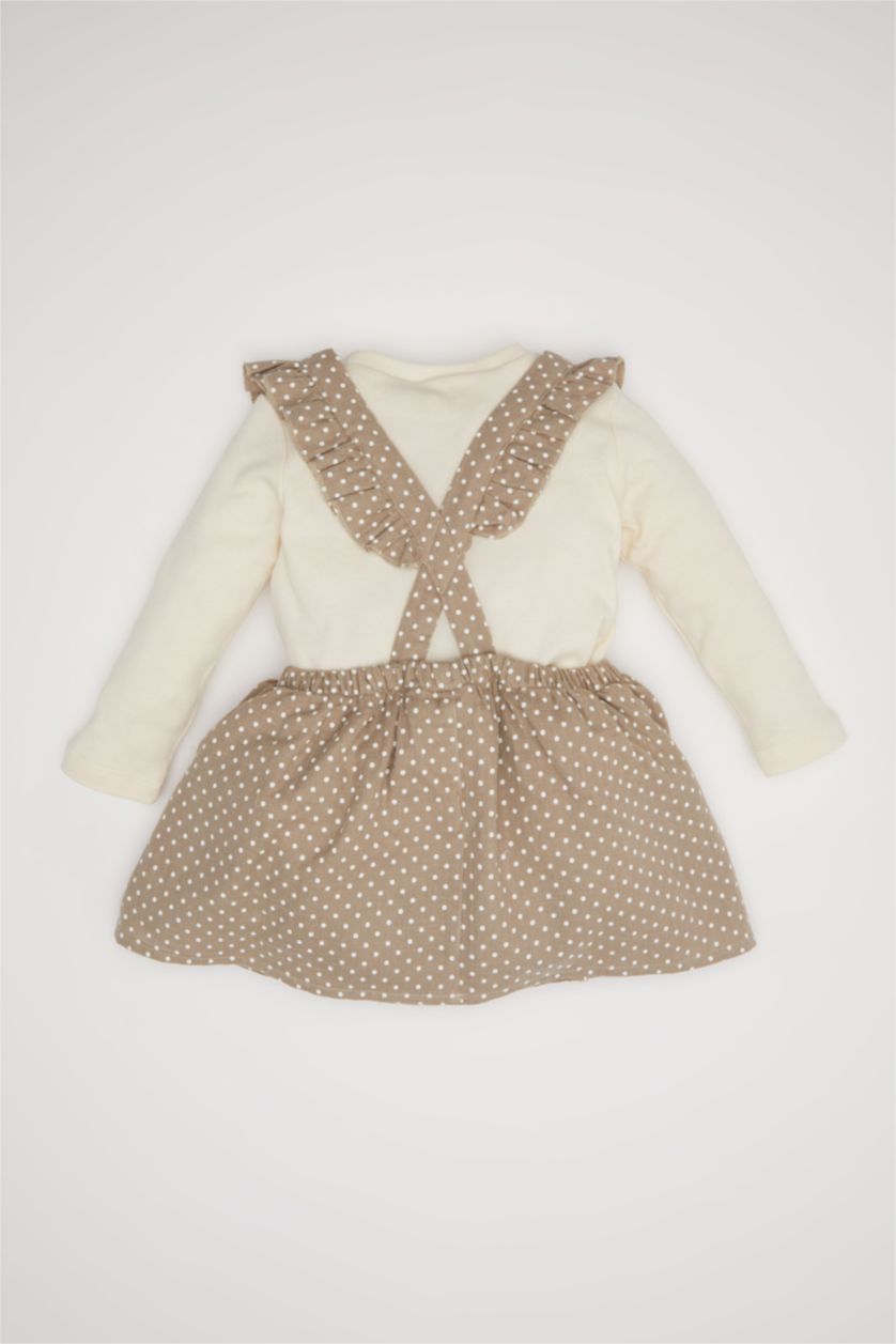 Kız Bebek Vizon 3'li Takım Uzun Kollu Müslin Tişört Puantiyeli Elbise Külotlu Çorap Kız Bebek