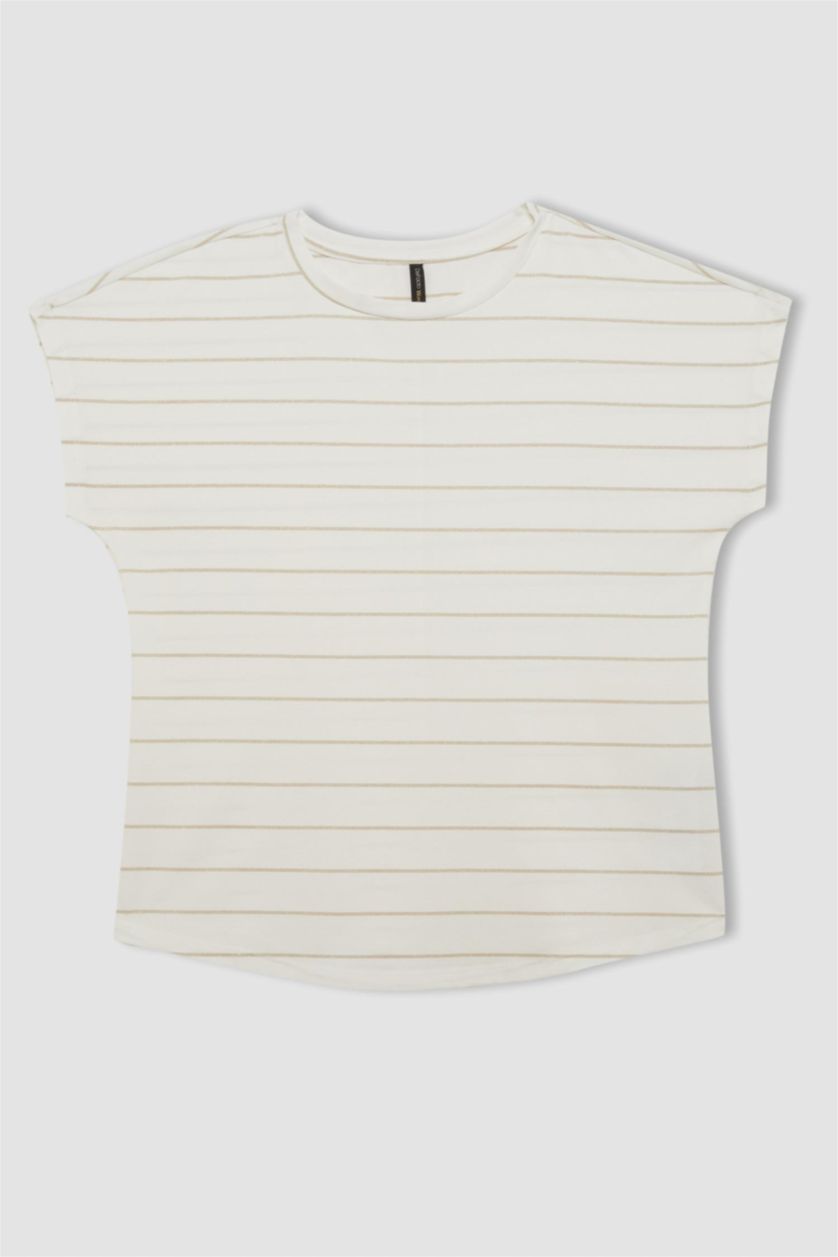 نساء بيج فاتح تيشيرت نص كم قصة عادية برقبة مستديرة