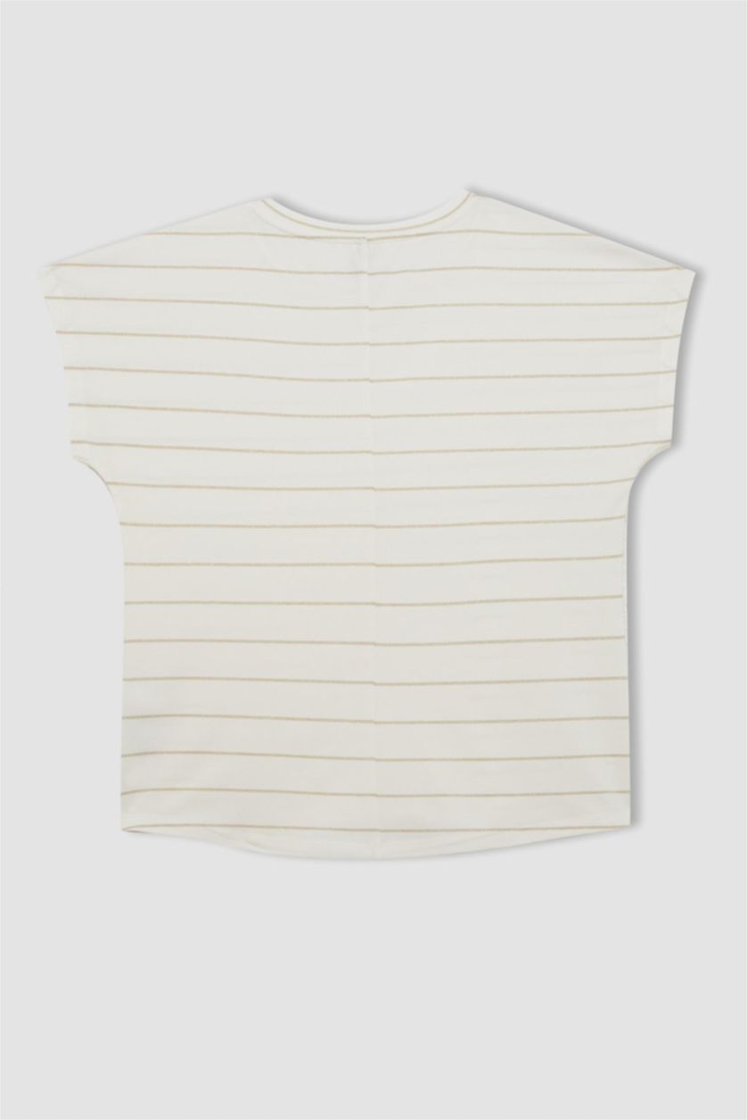 نساء بيج فاتح تيشيرت نص كم قصة عادية برقبة مستديرة