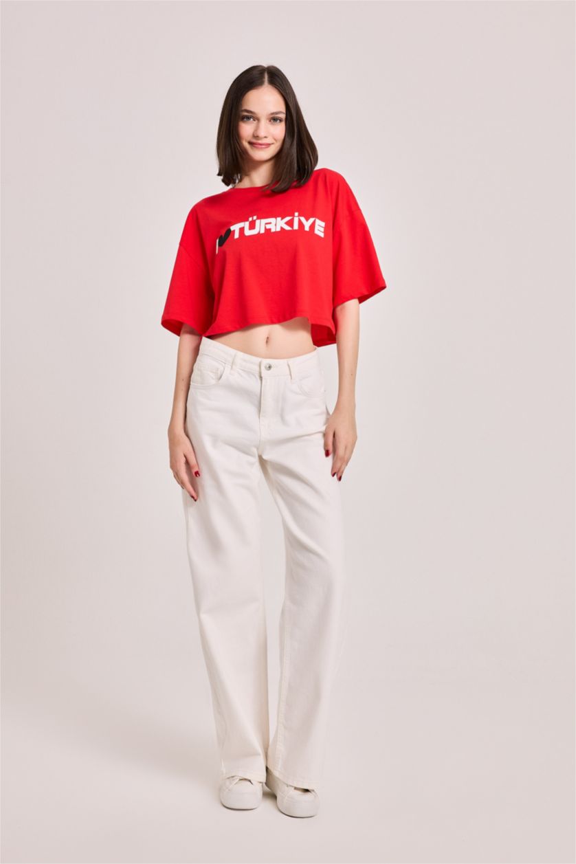 Woman Red Oversize Fit Printed Short Sleeve T-Shirt