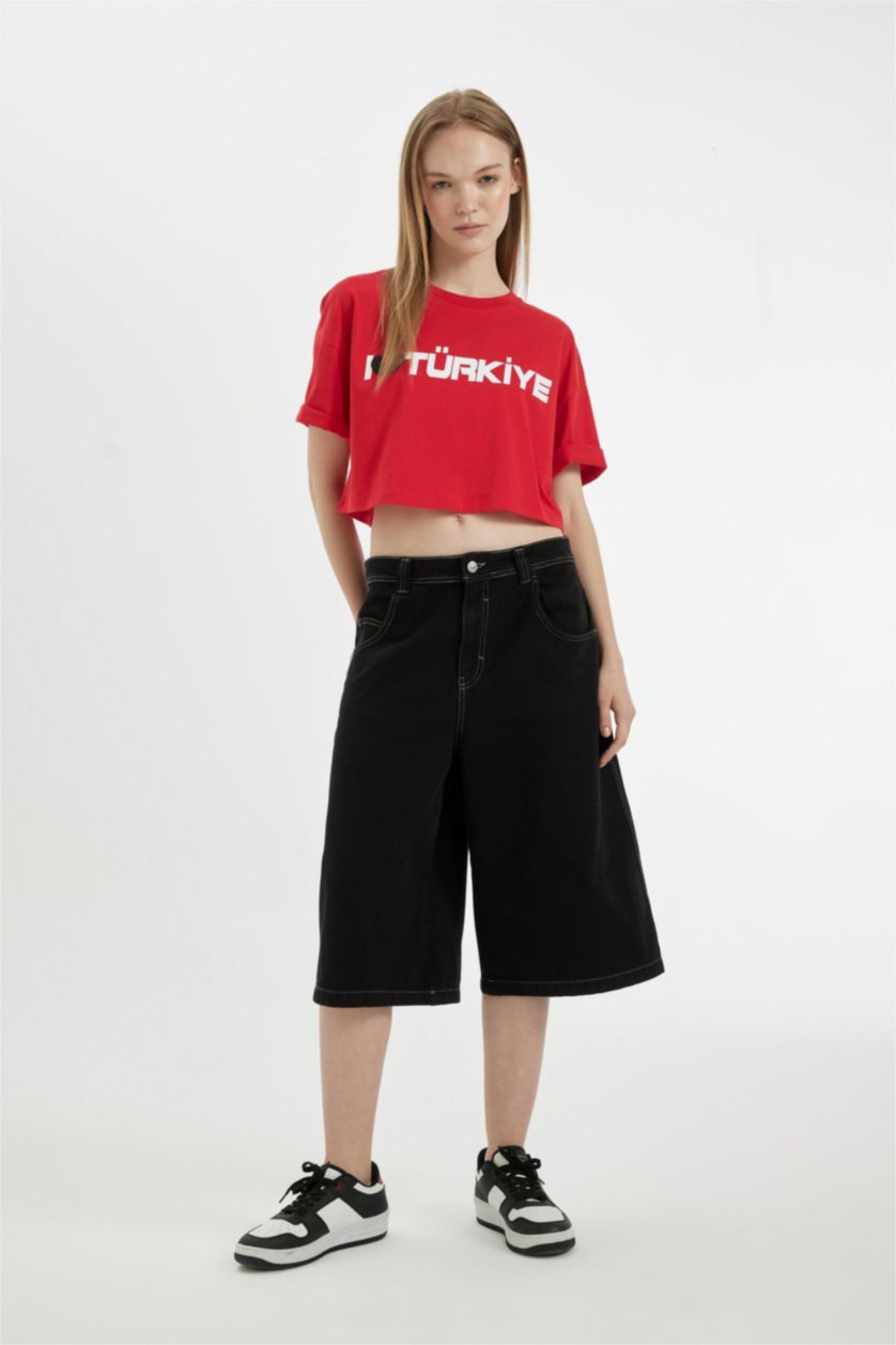 Woman Red Oversize Fit Printed Short Sleeve T-Shirt