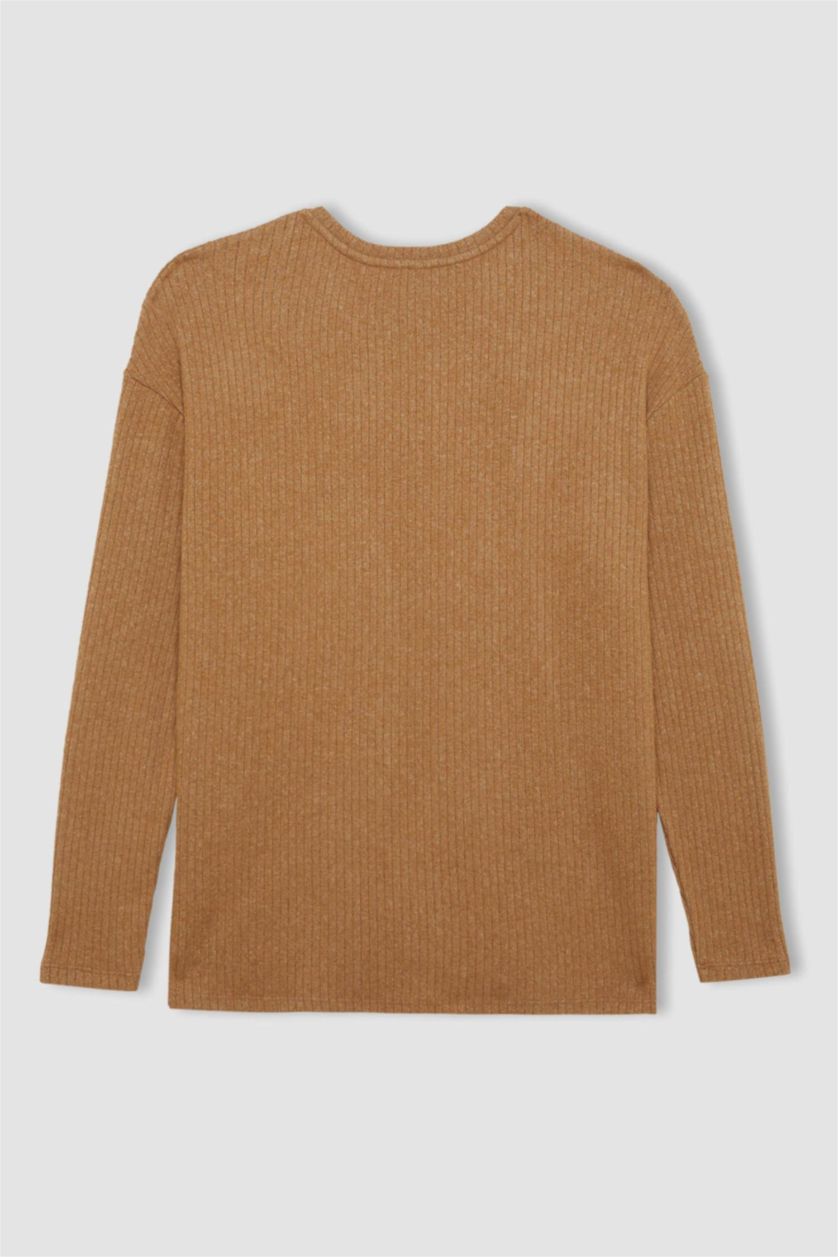 نساء بيج تيشيرت كم طويل مضلع قصة عادية برقبة مستديرة