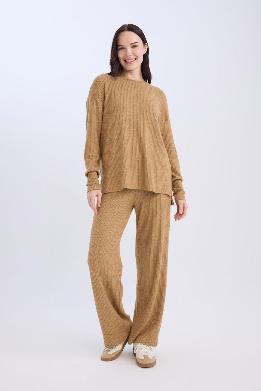 Kadın Bej Pantolon Traditional Flare Fit Düz Paça Fitilli Kaşkorse