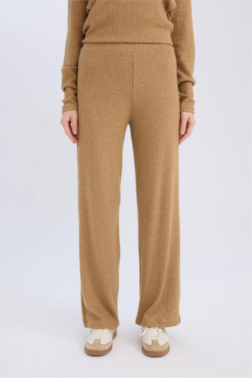 Kadın Bej Pantolon Traditional Flare Fit Düz Paça Fitilli Kaşkorse