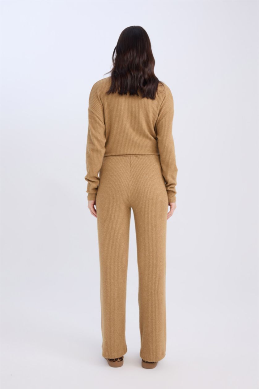 Kadın Bej Pantolon Traditional Flare Fit Düz Paça Fitilli Kaşkorse